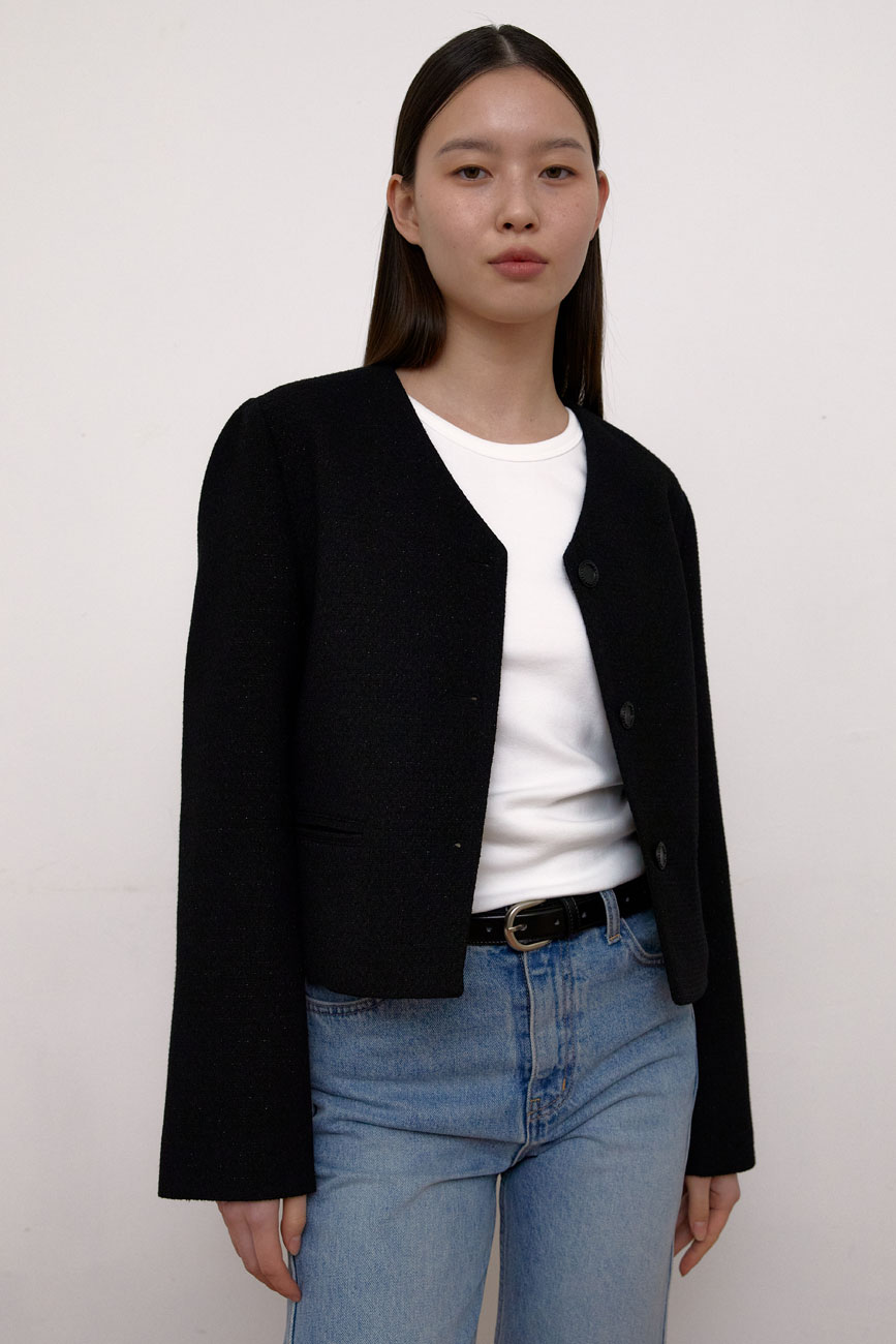 [RE] V-neck Tweed Jacket (Black)
