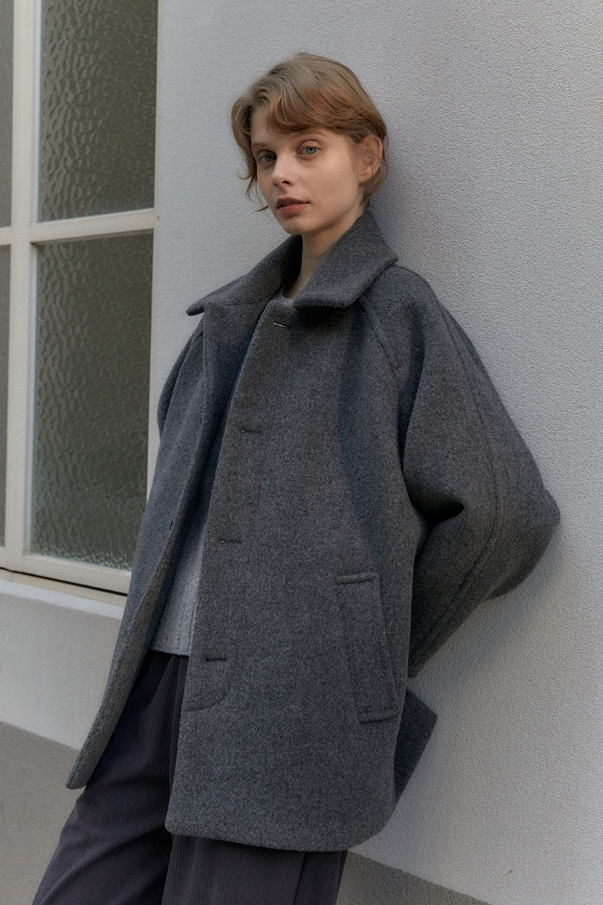 Wool Balmacaan Half Coat (Charcoal)
